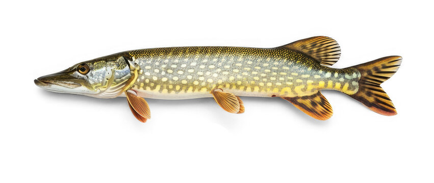 A pike fish lies on a png transparent. The fish has a dark brown body with golden spots and a long, pointed snout.