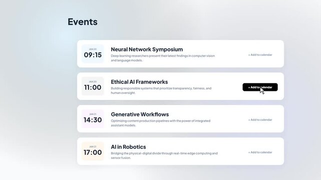 Event Schedule Dashboard Interface with Interactive List and Add to Calendar Button Animation Isolated on White Background with Soft Shadow