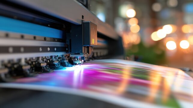 Large format digital printer printhead applying vibrant colorful ink onto paper in an industrial production setting