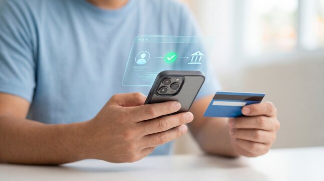 Featuring a man using his smartphone and credit card, this secure online banking transaction concept highlights fast, safe, and seamless mobile payment via a digital transfer mobile app.