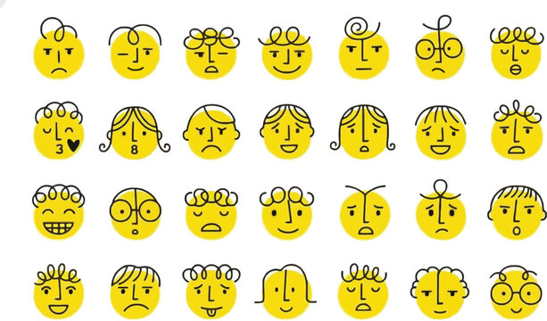 A collection of various cartoon faces with different emotions and expressions