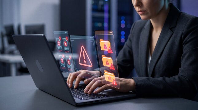 A person using a laptop with virtual warnings about a file breach, emphasizing data corruption and system vulnerabilities.