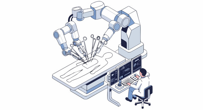 Isometric Robotic Surgery Illustration with Surgeon Operating at a Remote Control Console, Advanced Healthcare Technology Concept