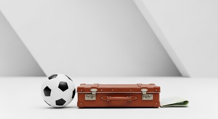 Vintage leather suitcase and soccer ball on white background