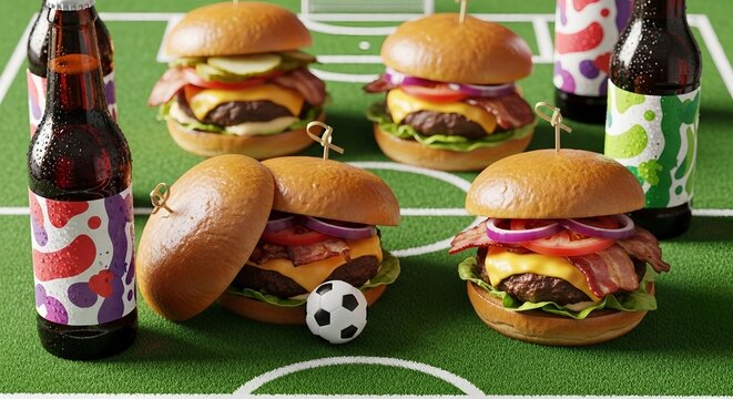 burgers and beer on soccer field with mini football