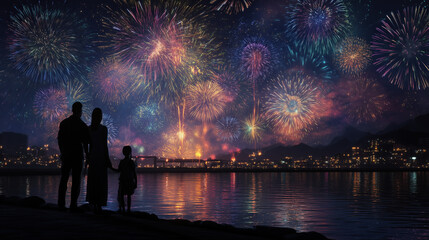 Fototapeta premium Family silhouettes watching colorful fireworks over a calm waterfront
