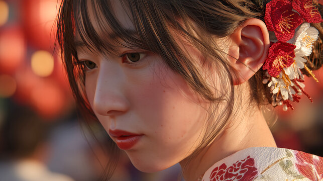 Macro portrait of a woman in a floral kimono at a summer festival