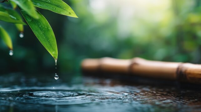 Water drop falling from green leaf creating ripples natural environment