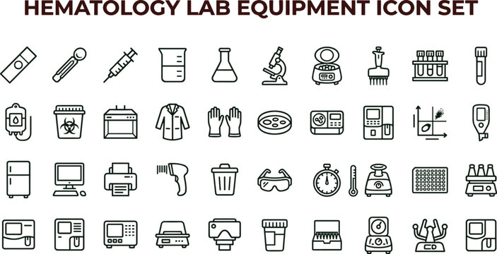 Hematology laboratory equipment line icon set for blood testing diagnostics healthcare analysis interface symbols vector clinical applications