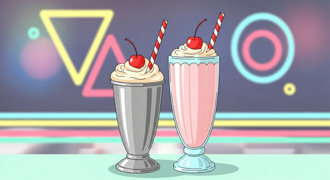 Two retro milkshakes with cherries on top in a vibrant neon background illustration