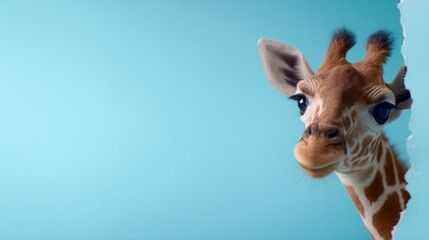 Giraffe peeking through torn blue background with large copy space and curious expression