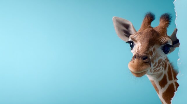 Giraffe peeking through torn blue background with large copy space and curious expression