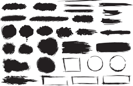 Ensemble de formes et traits au pinceau noir, id&eacute;al pour cr&eacute;er des encadr&eacute;s et &eacute;l&eacute;ments graphiques expressifs