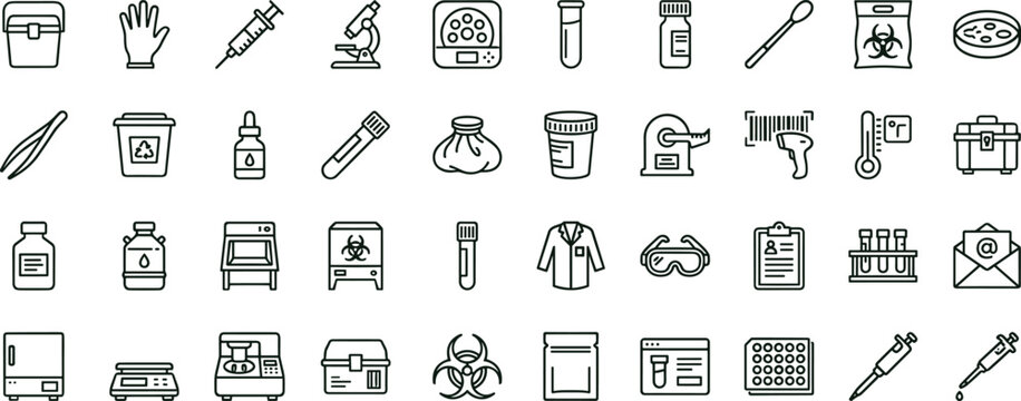 Laboratory safety equipment outline icon set with biohazard protection sample handling diagnostics lab tools healthcare symbols for medical apps dashboards interfaces