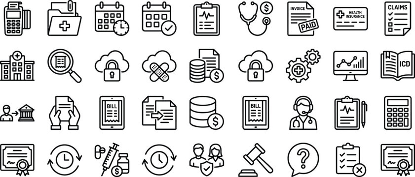 Medical billing insurance outline icon set with healthcare claims payment finance documentation symbols for hospital apps dashboards interfaces