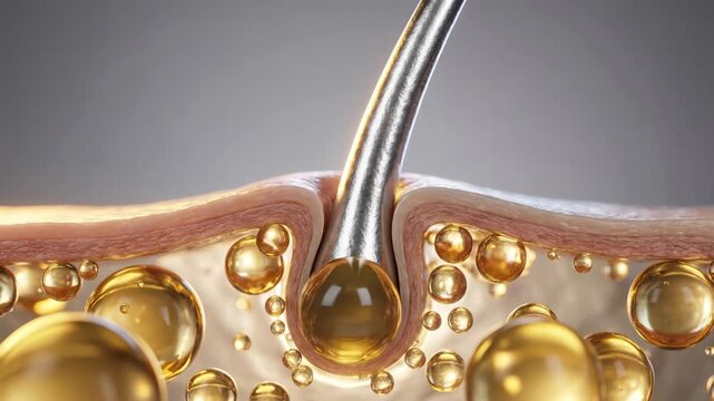 CGI slow motion video of a hair follicle being nourished by golden oil droplets and essential nutrients providing deep root hydration and scalp health treatment in a 3D laboratory.