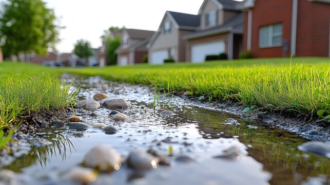 Shallow, flooded ditch between lawns, suburban houses in background