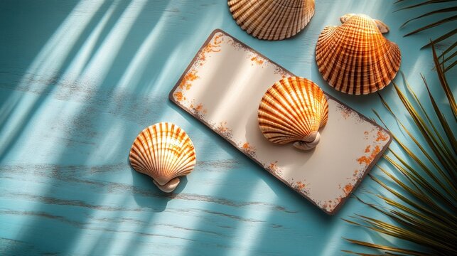 Shells, plate, palm leaf on light blue wooden surface