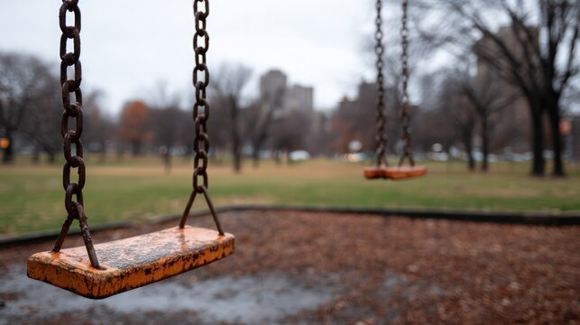 Rustic swing set in empty urban park gloomy weather