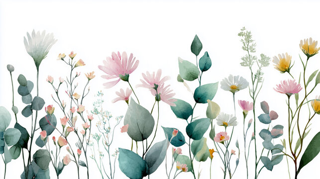 繊細な春の野花の水彩イラスト 白背景の横長バナー
