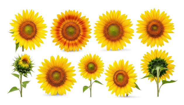 A collection of sunflower images displays the flower's life cycle. The images show sunflowers in various stages of growth, from buds to fully bloomed flowers.