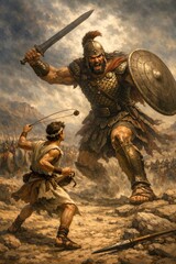 Obraz premium David with a sling faces the giant Goliath in armor with a sword against a battle background — a biblical scene of a duel in the style of classical epic painting