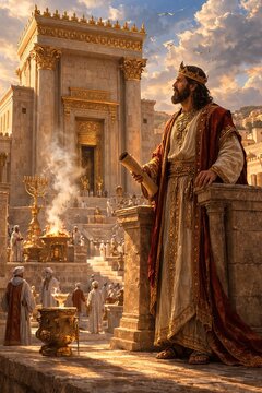 King Solomon in a crown and royal robes with a scroll stands near the majestic Jerusalem Temple with a golden altar and menorah &mdash; a biblical scene in the style of classical painting