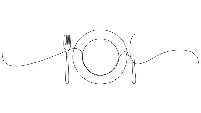 animated continuous line drawing of plate and cutlery, dinner or lunch symbol, line art animation