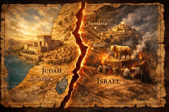 The split of the united kingdom into Judah with Jerusalem and Israel with Samaria and Bethel &mdash; a biblical map of the division of ancient Israel with idolatry in the style of epic illustration