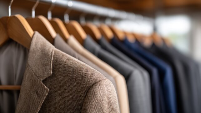 Professional mens suits and blazers hanging on wooden hangers in a closet or wardrobe display ready for formal wear