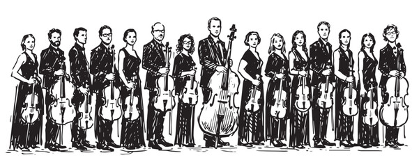 Hand drawing in ink of symphony orchestra, dynamic silhouettes of people in an orchestra   Classical Orchestra   Conductor   String Orchestra   Violin, Viola, Cello, Celli, Bass   Music   Instruments © Lora Bach