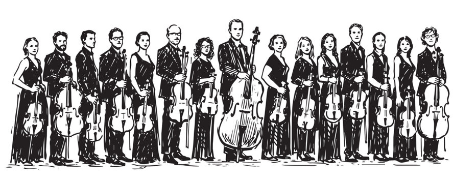 Hand drawing in ink of symphony orchestra, dynamic silhouettes of people in an orchestra | Classical Orchestra | Conductor | String Orchestra | Violin, Viola, Cello, Celli, Bass | Music | Instruments