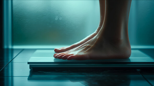 Feet on a digital weighing scale in blue light