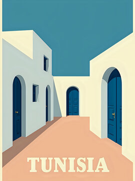 A courtyard in Tunisia shows white walls and multiple blue doors. The sky is blue above, and the ground is a simple color. The scene highlights the unique architecture of the area.