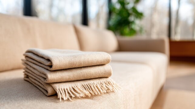 Stack of beige woven throw blankets neatly folded on a comfortable light colored sofa in a modern home interior with warm natural light