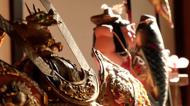 日本の伝統行事　昔の端午の節句イメージ　飾られた人形　ピント送り