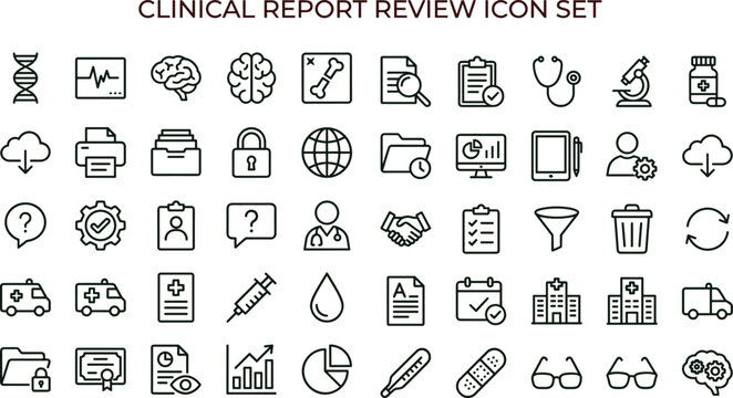 Clinical report review outline icon set with healthcare analytics documentation audit workflow symbols for medical apps dashboards interfaces