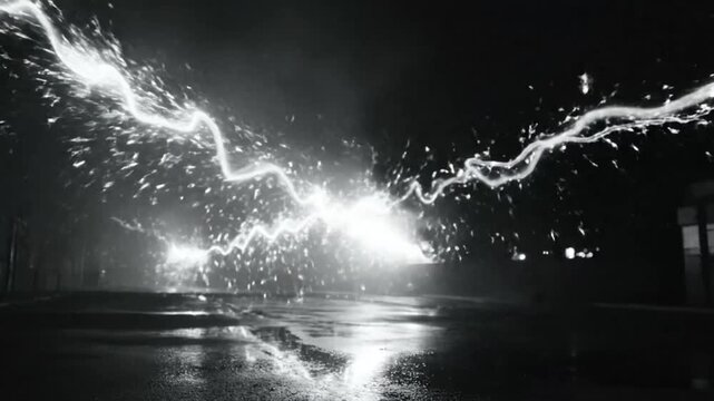 Dramatic electric lightning spark effect exploding over a wet road at night in slow motion, black and white