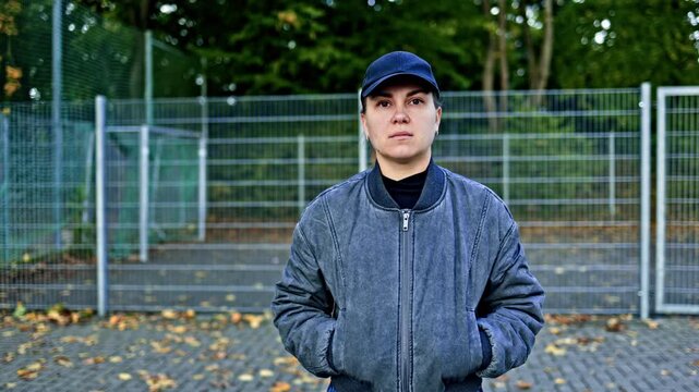 A woman in a jacket and cap stands near a sports field that is fenced with a net. A gloomy woman stands behind the bars. A paranoid woman walks in the fall.