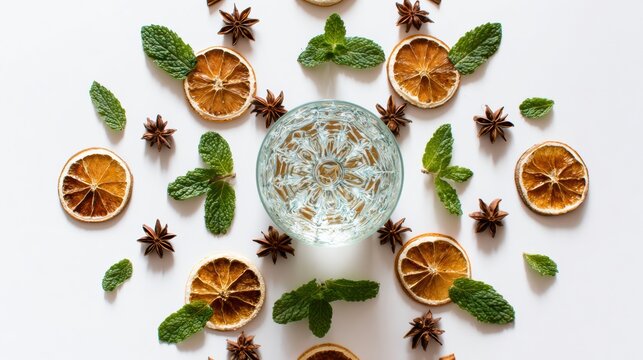 Chilled citrus beverage with frozen slices. Sparkling orange drink topped with icy frozen fruit slices. Vivid citrus flavored refreshment with cooled frozen orange segments and sparkling bubbles