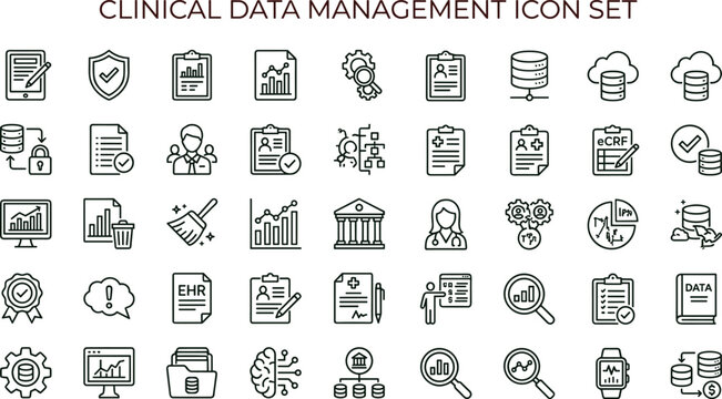 Clinical data management outline icon set with healthcare analytics EHR database monitoring symbols for medical apps dashboards interfaces