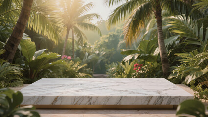 Fototapeta premium Empty Marble Podium Display in Tropical Jungle Sunlight