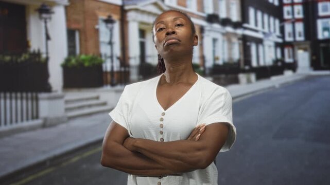 Young african american woman arms crossed wearing white shirt on residential street; pride defiance resilience.