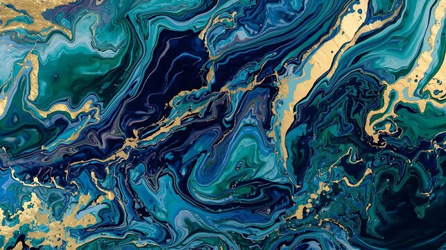 Abstract Liquid Marble Texture Background with Swirling Deep Blue, Teal, and Metallic Gold Veins, Fluid Art Pattern, Luxurious Decorative Surface Design for Modern Interior Decor and Graphic Design