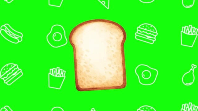 A toasted bread animated cartoon vector with foodie icon background on green screen. Breakfast idea, cozy, food symbol. Popup animation template design element