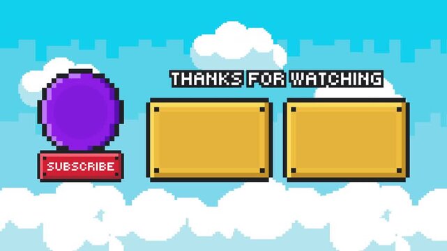 Retro pixel thanks for watching outro with floating circle and dual content panels playful sky scene Prores 4K 60fps