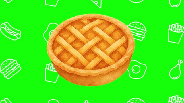 Delicious pie animated cartoon vector with foodie icon background on green screen. Dessert idea, homemade, pastry symbol. Popup animation template design element