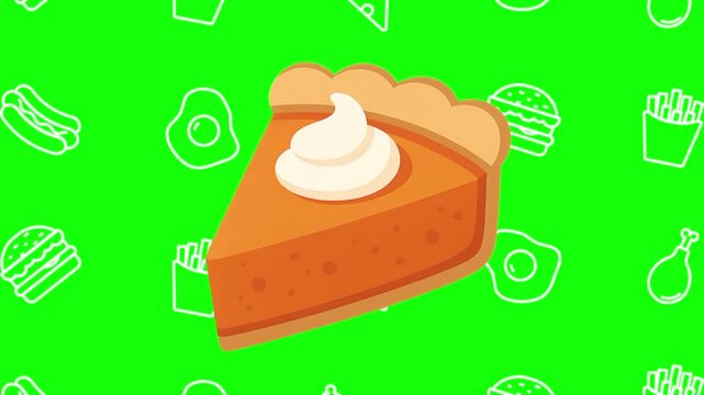 Sliced white creamy pie animated cartoon vector with foodie icon background on green screen. Dessert idea, homemade, pastry symbol. Popup animation template design element
