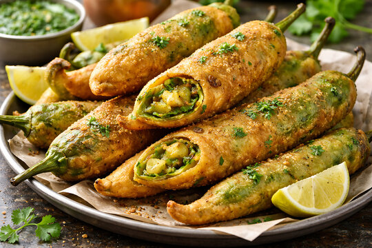 Mirchi bajji (chili fritters), bold green and golden tones
