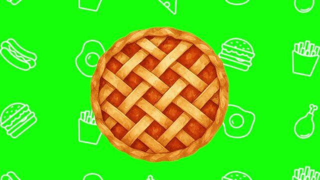 Delicious pie animated cartoon vector with foodie icon background on green screen. Dessert idea, homemade, pastry symbol. Popup animation template design element